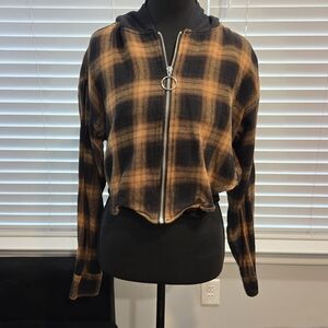 Forever 21 Black and Brown Plaid Cropped Zip-Up Hoodie